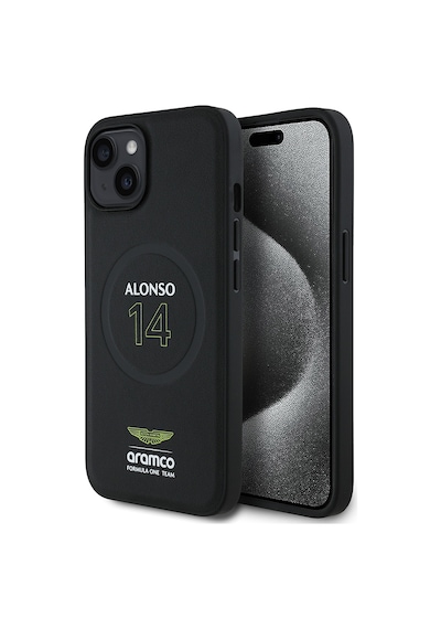 Apple Uyumlu iPhone 15 Kılıf Aston Martin Lisanslı M-safe Şarj Özellikli Pu Deri Alonso 14 Baskılı Kapak Siyah