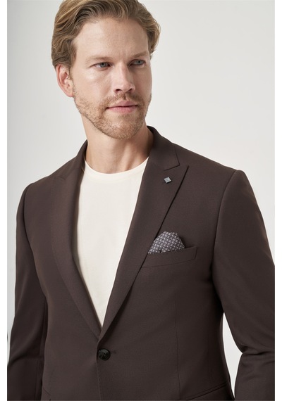 İmza Kahverengi Kırlangıç Yaka 6 Drop Slim Fit Tam Astar Esnek Takım Elbise 1001260148