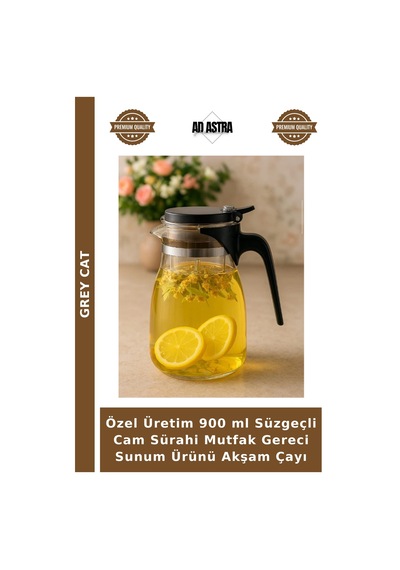 Özel Üretim 900 Ml Süzgeçli Cam Sürahi Mutfak Gereci Sunum Ürünü Akşam Çayı