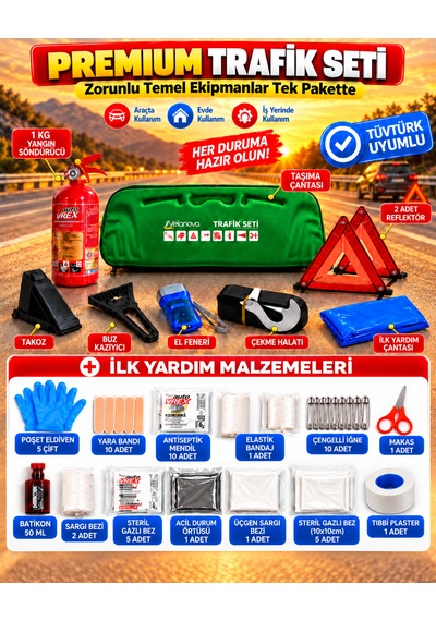 Trafik Ve İlk Yardım Seti Tüvtürk Muayene Uyumlu Ce Belgeli Abc 1kg Yangın Söndürücü Ve E Belgeli Reflektör-yeşil