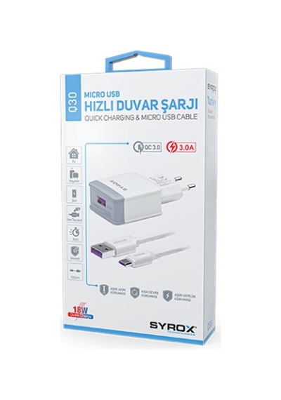 Syrox Q30 Mikro Usb Hızlı Şarj + Kablo 3.0a