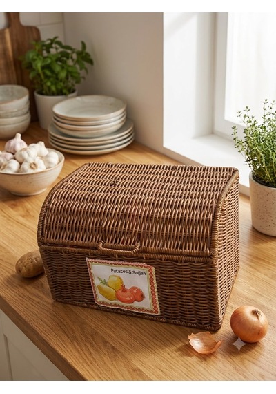 Sentetik Rattan Patates Soğanlık Kabı Hasır - Kahverengi