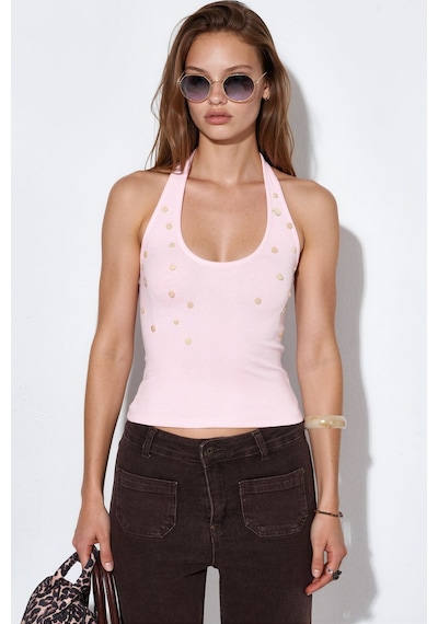 Hiccup Busem İşlemeli Slim Fit Kolsuz Bluz Toz Pembe