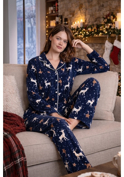 Nisanca Kışlık Yılbaşı Desenli Kadın Gömlek Polar Pijama Takımı- Geyikli Yılbaşı Pijaması- Büyük Beden Pijama Lacivert Nisanca Kışlık Yılbaşı Desenli Kadın Gömlek Polar Pijama Takımı- Geyikli Yılbaşı Pijaması- Büyük Beden Pijama Lacivert