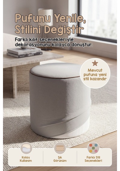 Yıkanabilir Puf Tabure Kılıfı Tak-Çıkar-Değiştir-Yenile Orta Sehpa Kılıfı 40x43 Meek Gri