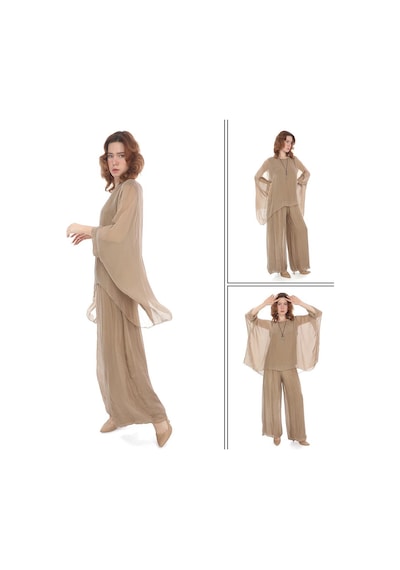 Bohem Stil İtalyan Yarasa Kol İpek Bluz & Pantolon Takım-8767 Camel Bohem Stil İtalyan Yarasa Kol İpek Bluz & Pantolon Takım-8767 Camel