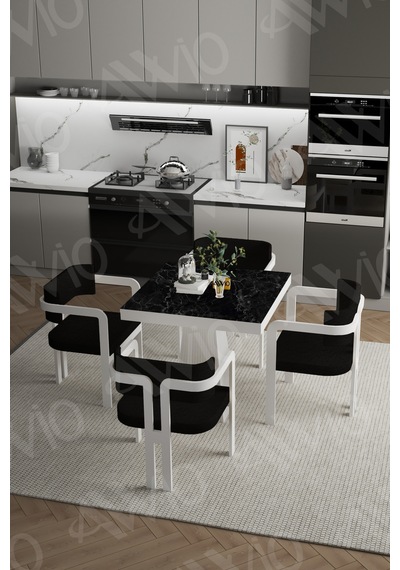 Avvio Demre Bohem Ayak Tokyo Demonte Sandalye 80x80 Yemek Masası Mutfak Masası 4 Kişilik Siyah Mermer