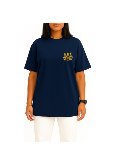Bahriyeli Collection Oversize Effective Sat Cep Ve Sırt Baskılı Unisex T-shirt Lacivert