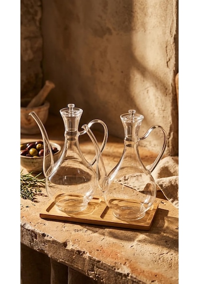 2'li Cam Yağdanlık Seti 750+750 Ml Bambu Stant Glory Borosilikat Sirkelik El Üretimi Yağ, Sirke Ve Sos Şişesi Düz-cam Şeffaf