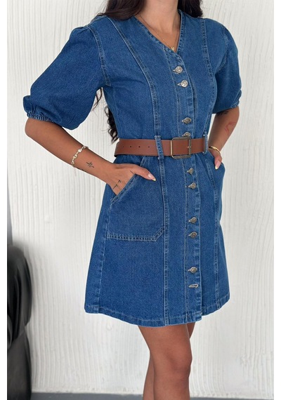 Noa & Noa Kadın Düğmeli Denim Elbise Deri Kemerli & Modern Kesim Mavi
