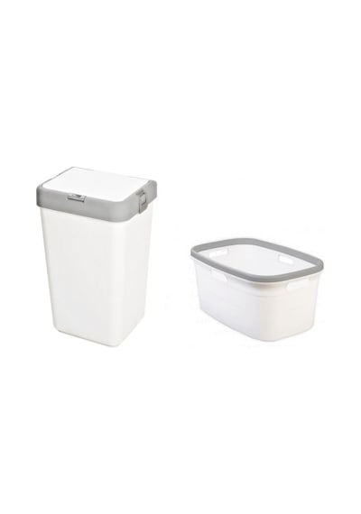 Geseus Motek Tekli 40 Lt Kirli Çamaşır Sepeti+çamaşır Selesi Ikili Set, Çeyiz Seti Gri+beyaz Beyaz - Gri