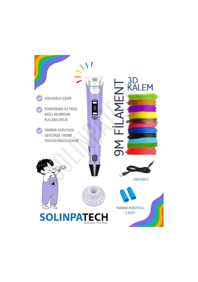 Mor 3D Kalem 3D Pen 3 Boyutlu Yazıcı Kalem 3 Renk 9 Metre Filament + USB KABLO