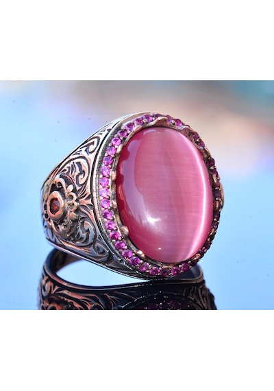 925k Erkek Sterlin Gümüş Yüzük - Pembe Kedi Göz Taşı Kral Yüzüğü - El Yapımı Erkek Takısı Gümüş