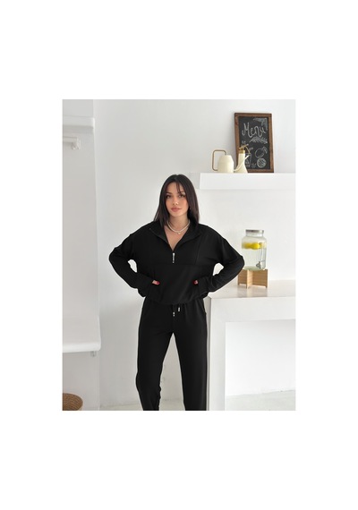 Gugus Kadın Yarım Fermuarlı Model Beli Lastikli Dar Paça Eşofman Takımı Siyah