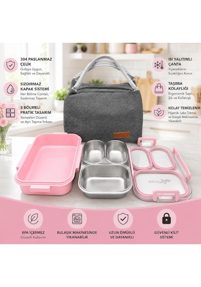 Valkyrie 304 Paslanmaz Çelik 3 Bölmeli Pembe Lunch Box Termal Çantalı Sızdırmaz Kapaklı Beslenme Kabı,