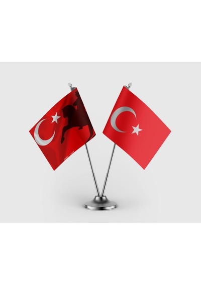At Üstünde Atatürk Ve Türk Bayrağı İkili Saten Masa Bayrağı Takımı Diğer