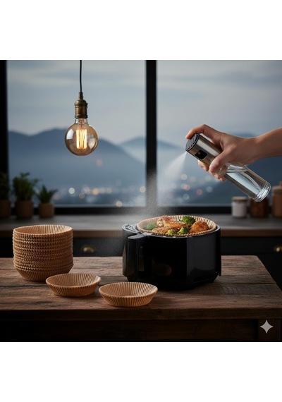 Yağ Püskürtücü Sprey Ve 50 Li Airfryer Kağıdı Seti Yapışmaz Pişirme Kağıdı + Sprey Yağ Şişesi