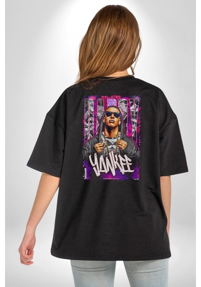 Daddy Yankee Müzik Star Pamuklu Kadın Erkek Oversize Sırt Dijital Baskılı Siyah T-shirt Siyah