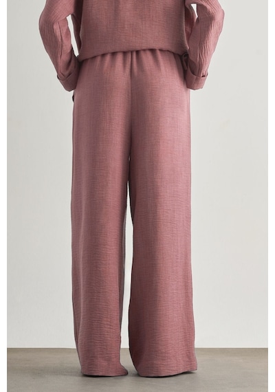 Mizalle Keten Dokulu Beli Lastikli Pudra Pembe Bol Kesim Pantolon Pudra