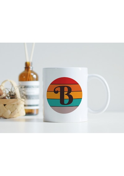 B Harfi Retro Renkli Kupa Bardak - Vintage Tarz Yuvarlak Harfli Kahve Kupası - Kişiye Özel Hediye Beyaz