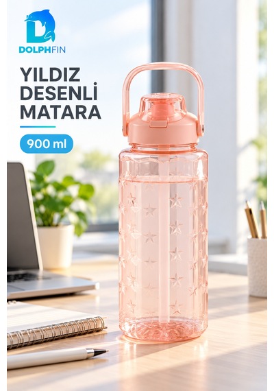 Yıldız Desenli Matara 900 Ml Taşıma Kulplu Kapaklı Su Şişesi Cok Renkli