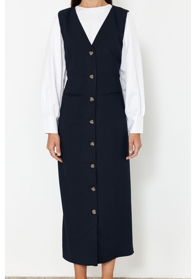 Ersefa Moda Stil Regular V Yaka Maxi Boy Tesettür Dokuma Kumaş Jile Elbi Lacivert