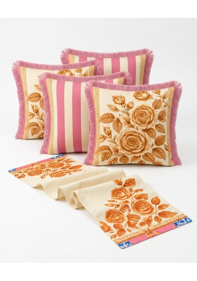Vintage Gül Desenli Pembe Desenli Runner + 4 Lü Saçaklı Kırlent K 45 x 45