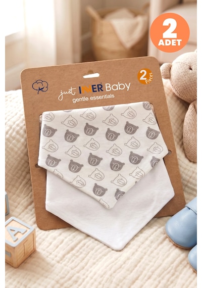 Just Inner Erkek Bebek 2'li %100 Pamuk Üçgen Fular Önlük Ayıcık Desenli Çıtçıtlı Çift Katlı 582401 Bej