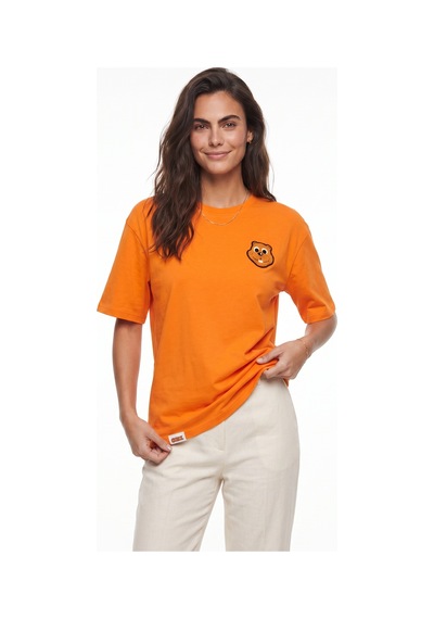 Onloox Kadın Turuncu Turuncu Pamuklu Bisiklet Yaka Rahat Kalıp Nakışlı Ayıcık Detaylı Kısa Kollu T-shirt