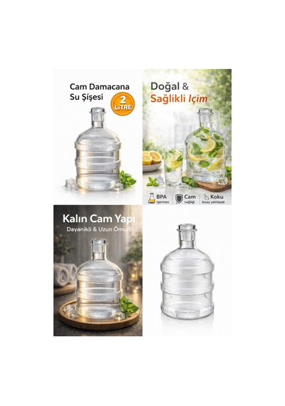 Cam Damacana Sürahi 2 Litre Detoks & Limonata Şişesi, Dekoratif Cam İçecek Dispenseri