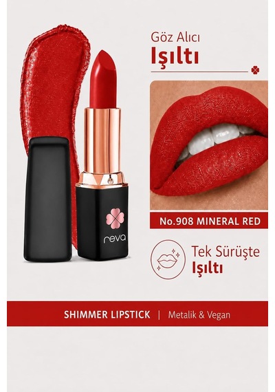 Shimmer Lipstick Mineral Red - Işıltı Ruj - 4 Gr - No: 908 - Vegan & Temiz Içerik Çok Renkli
