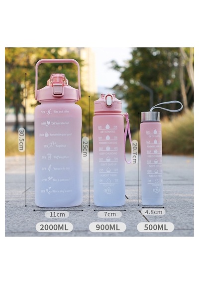 Motivasyonel 3lü Set Su Matarası Su Şişesi Suluk 2lt+900ml+300ml Tritan Spor Salonu Su Şişesi Suluk Çok Renkli