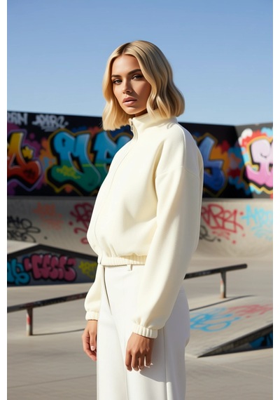 Benerly Kadın Dik Yaka Düşük Kol Fermuarlı Crop Polar Sweatshirt Fonksiyo Ekru