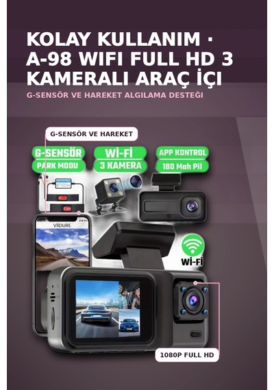 1080p Full Hd 3 Kameralı Wi-fi Bağlantılı Araç İçi Kayıt Cihazı Ve Park Kamerası Seti