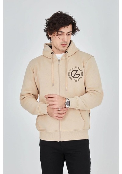 Erkek 3 İplik Pamuklu Fermuarlı Kapüşonlu Kanguru Cepli Baskılı Hoodie Hırka Sweatshirt - Bej Bej