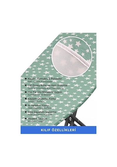 Magic Lady Ütü Masası Kılıfı Örtüsü Bezi İnce Süngerli Ayarlanabilir 133 X 50 Cm Yeşil Yıldızlı