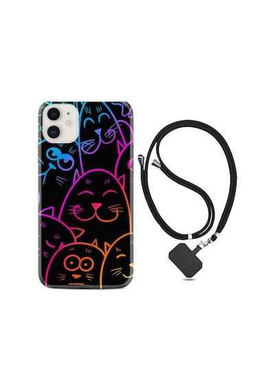 Apple Uyumlu iPhone 12 Kılıf Boyun Askılı Neon Cats 1790