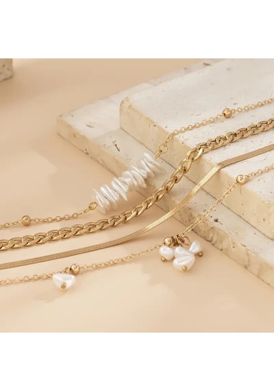 Girift Vintage Senky 4 Adet Gold Zincir Beyaz Taşlı Kolye Seti Gold