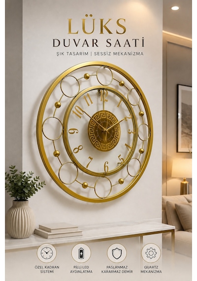 Şeffaf Gold - Nova Galaxy Full Metal - Pilli Led - Metal Ledli Duvar Saati