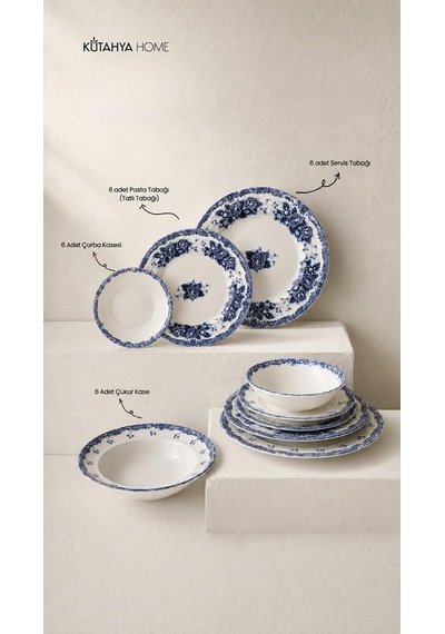 Blue Romance 24 Parça Porselen Yemek Takımı, Mavi Çiçekli, Kütahya Home Çok Renkli