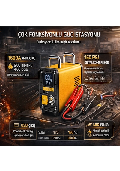 12v 1600a Akü Takviye Cihazı 150 Psı Dijital Kompresörlü Taşınabilir Güç İstasyonu