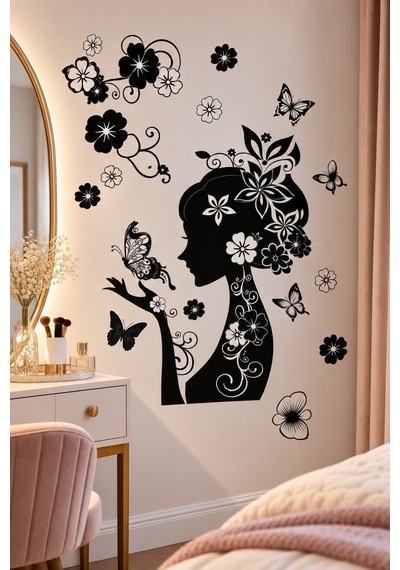 3d Simli Kadın Silüeti Duvar Stickerı 32x50 Cm Kelebekli Çiçekli Siyah Beyaz Duvar Dekorasyonu Renkli
