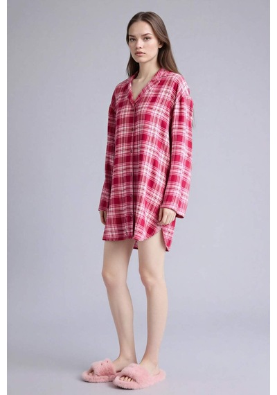 Defacto Regular Fıt Pijama Yaka Flanel Uzun Kollu Elbise G7996ax26spbr205 Bordo-br205