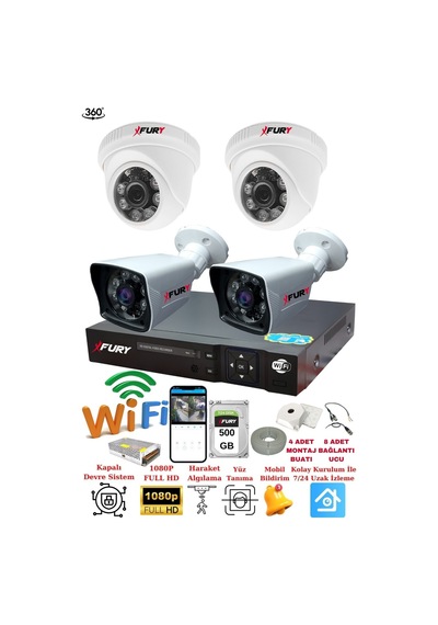 Fury 4 Kameralı 5mp 3.6mm Lens 2mp Görüntü 6 Atom Led Gece Görüşlü Full Hd Güvenlik Kamerası 251412 500gb