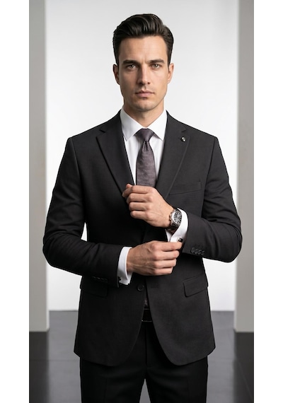 Plus Scorpion Ck 142 Slim Fit Mikro Desenli Erkek Ceket Yazlık Pike Kumaş Çift Yırtmaç Blazer Siyah