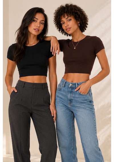 Loule Kadın 2'li Bisiklet Yaka Kısa Kollu Crop Top Siyah-kahverengi Çok Renkli