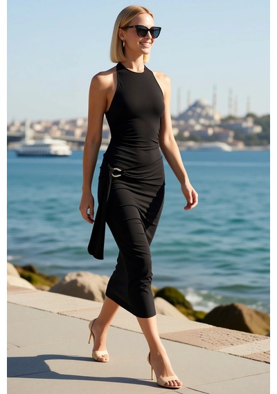 Benerly Kadın Halter Yaka Bodycon Midi Elbise %100 Polyester Kolsuz Astar Siyah
