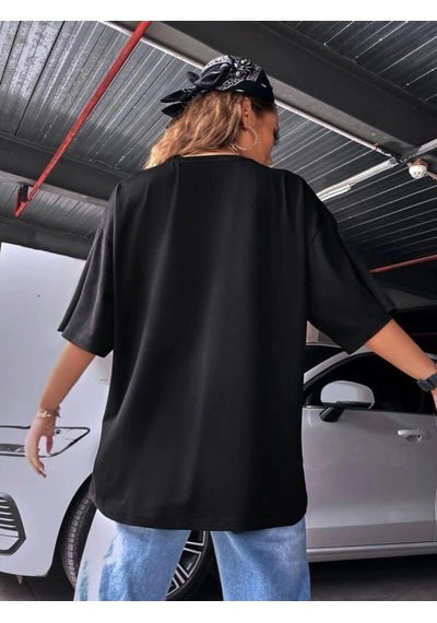Startmore Kadın Siyah Oversize %100 Pamuk Endless Baskılı T-shirt Siyah