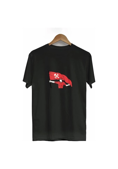 Barlashive 1 Mayıs Emek Ve Dayanışma Bayraklı Emekçi Baskılı Bisiklet Yaka T-shirt - Siyah Çok Renkli