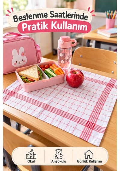 5'li Okul Beslenme Örtüsü Çizgili 40x60 Cm Yıkanabilir Kırmızı